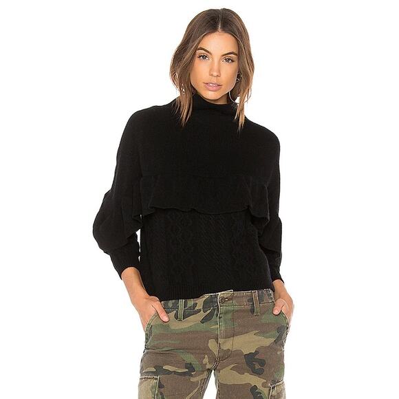 Revolve Nadaam Cashmere Wool Sweater Cableknit Ruffle Black Mockneck Romantic - Picture 1 of 5